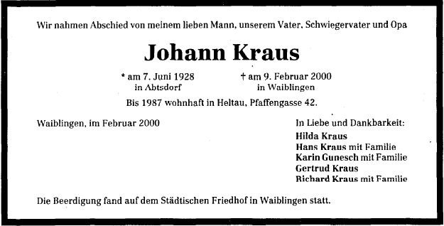 Kraus Johann 1928-2000 Todesanzeige